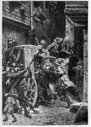 De arrestatie van Pierre Broussel (1575-1654) in 1648, onder het bevel van Anne van Oostenrijk (1601-1666), wat de opstand van het volk veroorzaakte (dagen van de barricades) en de Fronde - Arrestatie van Pierre de Broussel, raadslid in het Parlement van P