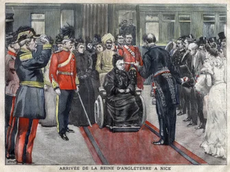 De aankomst van de koningin van Engeland, Victoria (1837-1901) in Nice in 1899. Gravure uit 1899 in “La petite Gironde”
