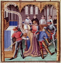 De moord op Thomas Becket in 1170 (Moord op de heilige Thomas van Canterbury). Miniatuur uit 