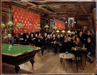 De kring van de Republikeinse Unie: leden van de Republikeinse Unie komen ten tijde van de 3e Republiek bijeen in het café om te praten en biljart te spelen. Anoniem schilderij