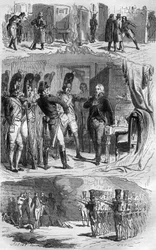 De samenzwering van Claude François de Malet (1754-1812) generaal van het Keizerrijk, auteur van de staatsgreep van 1812 tegen Napoleon, tijdens de Russische terugtocht. Gravure in 