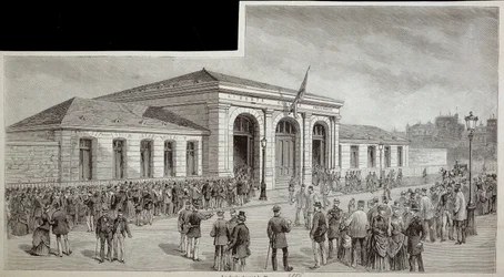 De menigte voor het mortuarium in Parijs in 1886