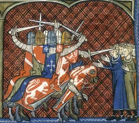 De kruistocht tegen de Albigenzen, c1325-c1350. Soldaten te paard zwaaiend met zwaarden vallen een groep Albigenzen aan. Paus Innocentius III predikte een heilige oorlog tegen de Albigenzische christenen, omdat hij bang was voor de verspreiding van hun ove