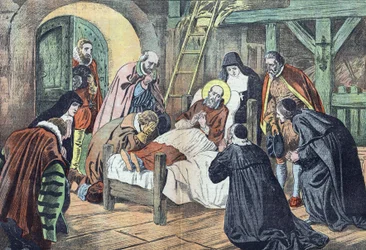 De dood van Saint Francois de Sales op 18 december 1622 in Lyon werd omgeven door fideles. "Le pelerin" van 31/12/1922 (prent)
