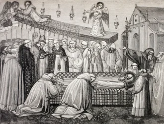De dood van St. Benedictus van Nursia in de abdij van Monte Cassino, uit 