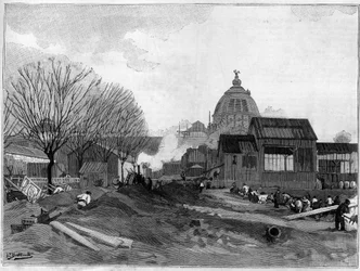 De grondverzetlocatie voor de installatie van de monumentale fontein in Parijs voor de wereldtentoonstelling van 1889.