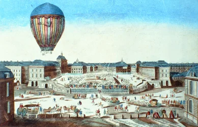 De eerste vlucht van Pilatre du Roziers heteluchtballon, genoemd naar zijn sponsor, M. Montgolfier, in Versailles op 23 juni 1784