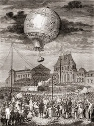 De vlucht van de Aérostat Réveillon op 19 september 1783 door de gebroeders Montgolfier in Versailles, Frankrijk, voor koning Lodewijk XVI van Frankrijk en koningin Marie Antoinette, uit Les Merveilles de la Science, gepubliceerd ca.1870 (gravure)