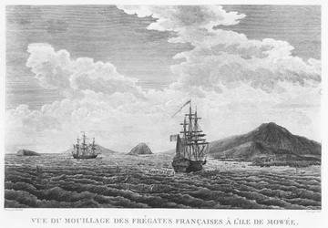 De fregatten van La Perouse bij het eiland Maui (gravure)