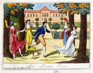Het spel van de vier hoeken. Gravure begin 19e eeuw