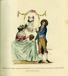 De hoed, vooraanzicht en het kapsel in bruine krullen