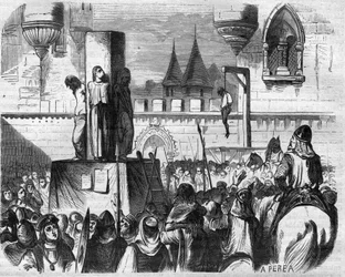De ketters opgehangen en verbrand door de priesters van Gilbert de la Porree, Bernard de Clairvaux en Abbe Suger, Frankrijk
