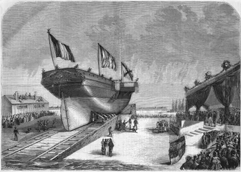 De tewaterlating van de lijnboot Quirinal in La Seyne in 1857 (Compagnie des Messageries Maritimes). Gravure uit 1857.