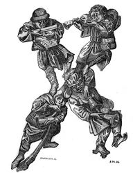 De letter X van het groteske alfabet samengesteld uit vier muzikale karakters, gemaakt in 1466. In "The picturesque store" 1836
