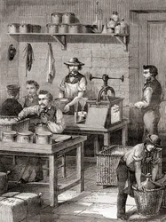 De fabricage van schietkatoen in de 19e eeuw, uit Les Merveilles de la Science, gepubliceerd ca. 1870