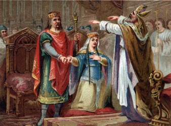 Het huwelijk van Clovis (481-511) Koning van de Franken met Clothilde in 493. Chromolithografie uit het einde van de 19e eeuw.