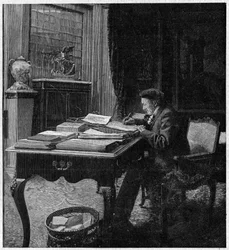De toneelschrijver Victorien Sardou (1831-1908) in zijn kantoor. Gravure in 