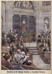De dichter en toneelschrijver Edmond Rostand wordt ontvangen in de Académie Française voor Le Petit Journal