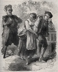 De terugkeer van Martin Guerre (circa 1524 rond 1560): hij verscheen voor zijn vrouw, Bertrande de Rols, en degene die zijn identiteit had overgenomen, de bedrieger Arnaud du Tilh (Thil). Gravure uit 1871 in 