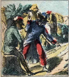 De zieke leeuw en de vos. Fabels van Jean de La Fontaine. Epinal afbeelding eind 19e eeuw