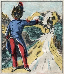 De zieke leeuw en de vos. Fabels van Jean de La Fontaine. Epinal afbeelding eind 19e eeuw