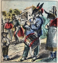 De zieke leeuw en de vos. Fabels van Jean de La Fontaine. Epinal afbeelding eind 19e eeuw