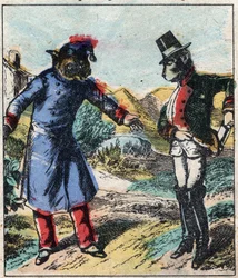 De zieke leeuw en de vos. Fabels van Jean de La Fontaine. Epinal afbeelding eind 19e eeuw.