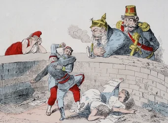 De situatie - Gauillaume: We moeten gekken helpen, Badingue (Napoleon III): Laat ze mijn broer doen, het zal tijd zijn om in te grijpen wanneer ze (de Parijzenaars) zichzelf hebben verslonden. Cartoon over de Commune.