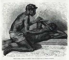 Het vijlen van de tanden in de Okanda, tekening door D. Maillard, ter illustratie van het verhaal van een reis naar Gabon en de Ogoue-rivier in 1875-1877, door Alfred Marche. Gravure in Le tour du monde