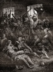 Het lijden en de dood door slechte ventilatie, van Engelse gevangenen in het Zwarte Gat van Calcutta, een kleine kerker in het oude Fort William in Calcutta, India, waar troepen van de Nawab van Bengalen, Siraj ud-Daulah, Britse krijgsgevangenen vasthielde