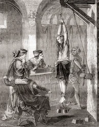 De marteling van een vrouw beschuldigd van hekserij in de middeleeuwen, uit Les Merveilles de la Science, gepubliceerd ca.1870 (litho)