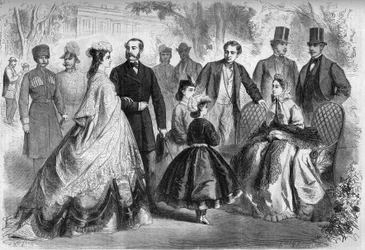 Het waterseizoen in Kissingen, Duitsland, in 1864. Aanwezig, van links naar rechts: Elisabeth van Wittelsbach (Sissi) (1837-1898) Keizerin van Oostenrijk, Alexander II (1818-1881) Keizer van Rusland, Lodewijk II (1845-1886) Koning van Beieren, Maria Alexan