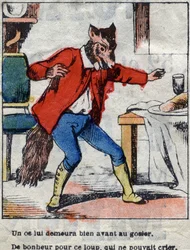 De wolf en de ooievaar. Fabels van Jean de La Fontaine (1621-95). Epinal imaging eind 19e eeuw.