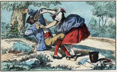 De wolf en de ooievaar. Fabels van Jean de La Fontaine (1621-95). Epinal imaging eind 19e eeuw.