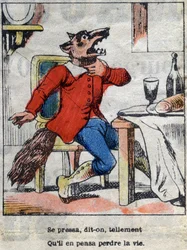 De wolf en de ooievaar. Fabels van Jean de La Fontaine (1621-95). Epinal afbeelding eind 19e eeuw.