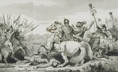 Theodorik wordt gedood in de strijd tegen Attila, nabij Chalons, uit 