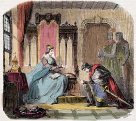 Thibault IV van Champagne (1201-1253) (ook bekend als Thibault I van Navarra), kwam aan de voeten van koningin Blanche van Castilië om haar te waarschuwen voor het gevaar dat ze zou lopen - in 
