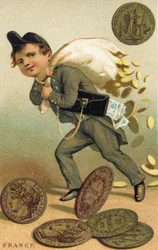 Dief die ontsnapt met een zak Franse francs en bankbiljetten, uit een serie promotiekaarten over valuta in verschillende landen, gepubliceerd in Parijs door Baster & Vieillemard voor gebruik door de chocoladeproducent
