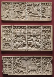 Drie panelen van een kist met scènes uit hoofse romances, ca.1330-1350