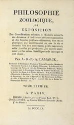 Titelpagina van "Philosophie Zoologique" door Jean-Baptiste Lamarck, gepubliceerd in Parijs, 1809