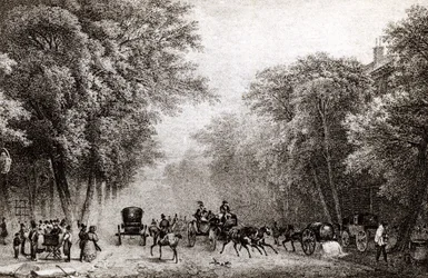 Verkeer in Parijs, Frankrijk, in de 19e eeuw, circa 1830