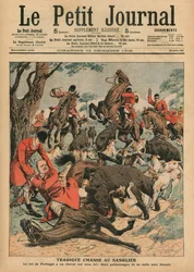 Tragische zwijnenjacht: het paard van Carlos I, koning van Portugal, wordt onder hem gedood, omslagillustratie uit 