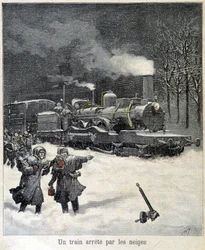 Trein gedwongen te stoppen door sneeuw. Illustratie van de krant 