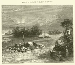 Houtvlotten op een Amerikaanse rivier (gravure)