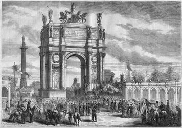 Transformaties van Parijs onder het Tweede Keizerrijk, Haussmann Parijs: triomfboog bij de inhuldiging van Boulevard du Prince Eugene (nu Boulevard Voltaire) door Napoleon III. Gravure in 