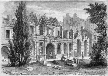 Transformaties van Parijs onder het Tweede Keizerrijk, Parijs Haussmann: sloop van de Orangerie du Luxembourg om rue Soufflot uit te breiden. Gravure in 