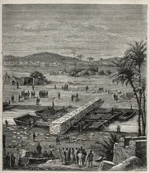 Transport van de obelisk van Ptolemee Philadelph (Ptolemaios Philadelphos) (Ptolemee II) op de Nijl naar Alexandrië - Gravure in "Wetenschappen beschikbaar voor iedereen - Populaire natuurkunde en scheikunde" door Alexis Clerc - Eind 19e eeuw - Privécollec