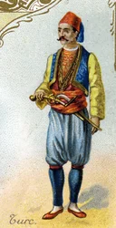 Turkse man. Serie van 25 reclamechromos voor de Dijon fabriek van Biscuits Pernot, eind 19e eeuw. Detail van de personages in traditionele klederdracht