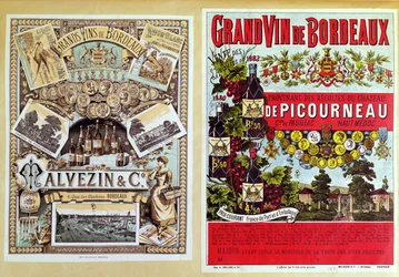 Twee advertenties voor Malevezin en Company distributeurs en de wijngaard Chateau de Picourneau, uit de Bordeaux regio, eind 19e eeuw