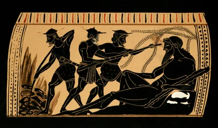 Odysseus en zijn metgezellen steken het oog van de cycloop Polyphemos uit, illustratie van een antieke Griekse vaas, 1887